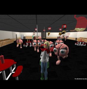 When the player's hunger meter gets low enough, the NPCs in the game turn into brains to tell the player they must eat more.